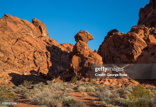 Arch rock formations at the Valley of Fire, Nevada's first and oldest State Park, are viewed on February 28, 2018 near Las Vegas, Nevada. The Valley...