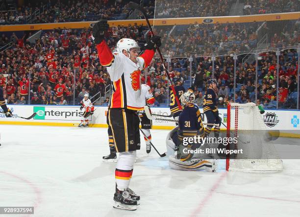 Sean Monahan of the Calgary Flames celebrates his second period goal against the Buffalo Sabres during an NHL game on March 7, 2018 at KeyBank Center...