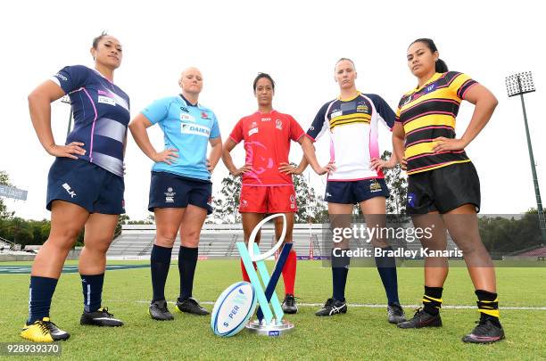 Jayne Kareroa of the Rebels, Emily Robinson of the Waratahs, Kirby Sefo of the Reds, Shellie Milward of the Brumbies and Trileen Pomare of the Force...