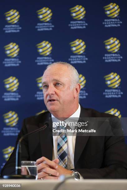 Graham Arnold speaks to the media during a press conference announcing the succession plan for long term appointment of head Socceroos coach, at FFA...