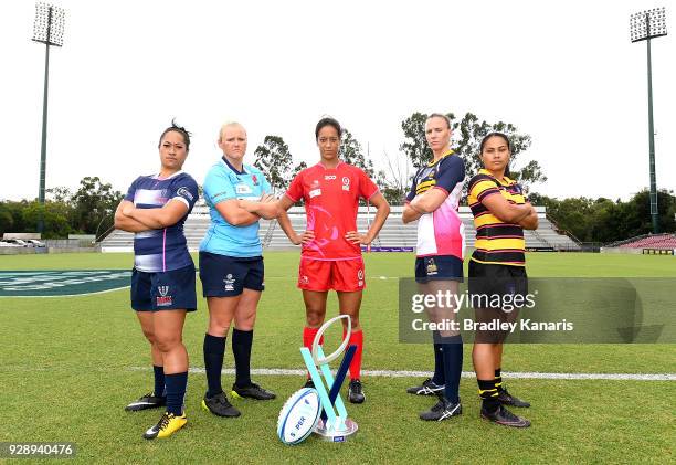 Jayne Kareroa of the Rebels, Emily Robinson of the Waratahs, Kirby Sefo of the Reds, Shellie Milward of the Brumbies and Trileen Pomare of the Force...