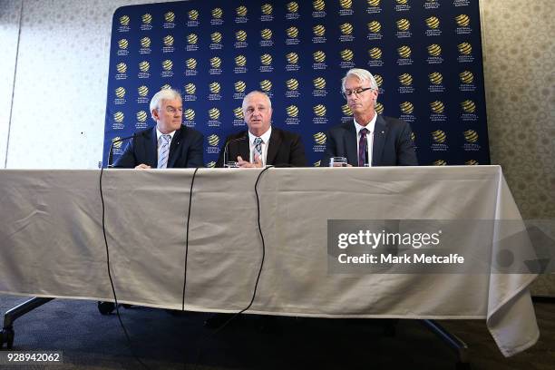 Graham Arnold speaks to the media during a press conference announcing the succession plan for long term appointment of head Socceroos coach, at FFA...