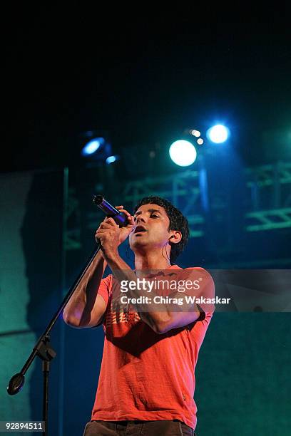 Indian film actor Farhan Akhtar performs on stage at A-Star Rock Concert held At Chitrakoot Ground on November 7, 2009 in Mumbai, India.