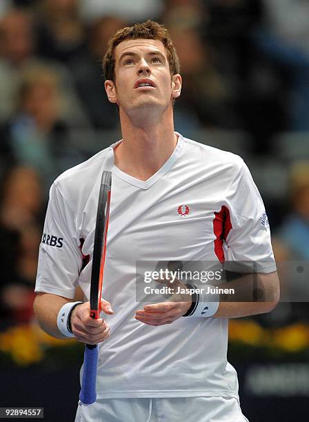 Andy Murray of Great Britain reacts during the final of the ATP 500 World Tour Valencia Open tennis tournament against Mikhail Youzhny of Russia at...