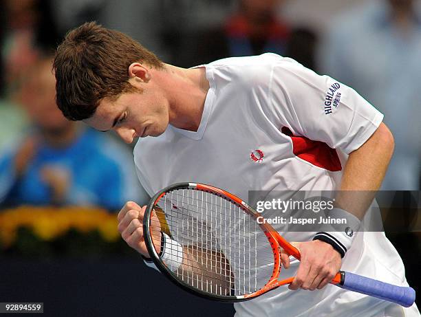 Andy Murray of Great Britain clenches his fist as he celebrates a breakpoint in the first set of the final of the ATP 500 World Tour Valencia Open...