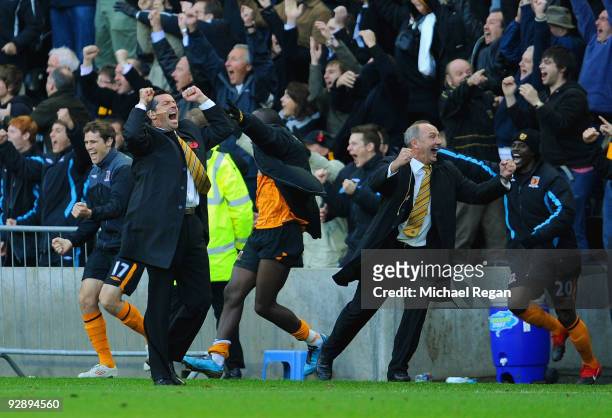 Hull City manager Phil Brown celebrates his teams late winning goal during the Barclays Premier League match between Hull City and Stoke City at the...
