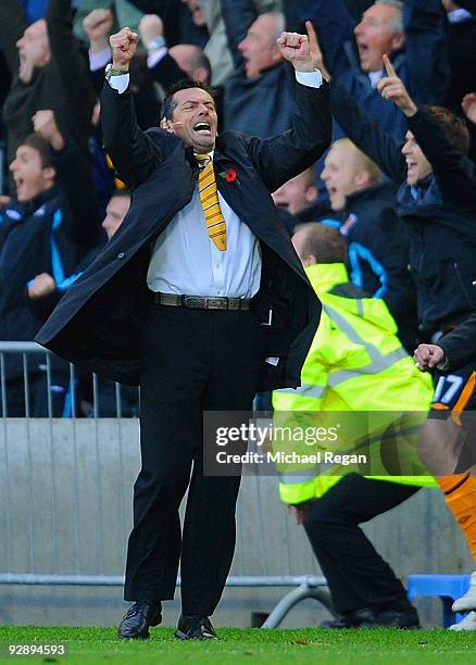 Hull City manager Phil Brown celebrates his teams late winning goal during the Barclays Premier League match between Hull City and Stoke City at the...