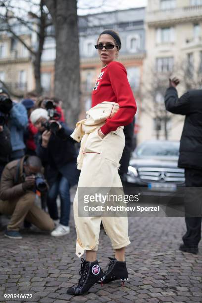 Elena Perminova is seen on the street attending Miu Miu during Paris Women's Fashion Week A/W 2018 wearing Miu Miu on March 6, 2018 in Paris, France.