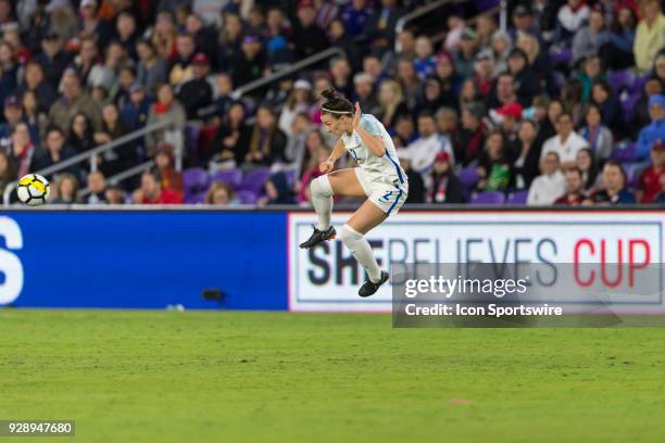 England defender Lucy Bronze heads the ball during the first half of the SheBelieves Cup match between USA and England on March 07 at Orlando City...