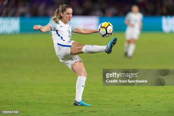 England defender Abby McManus clears the ball during the second half of the SheBelieves Cup match between USA and England on March 07 at Orlando City...