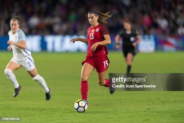 United States forward Alex Morgan looks to attack during the second half of the SheBelieves Cup match between USA and England on March 07 at Orlando...