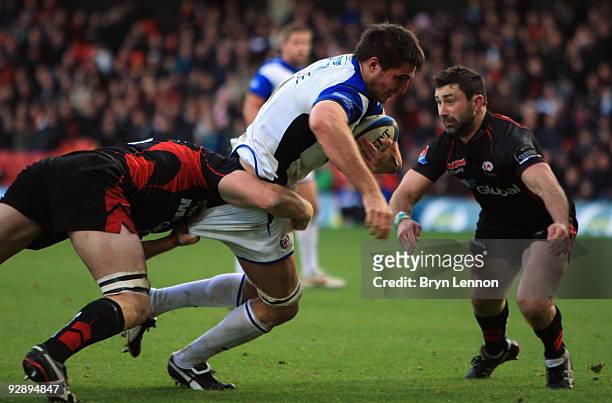 Scott Hobson of Bath breaks through the Saracens defence to score a try during the LV Anglo Welsh Cup Match between Saracens and Bath at Vicarage...
