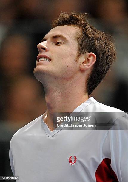 Andy Murray of Great Britain reacts during the final of the ATP 500 World Tour Valencia Open tennis tournament against Mikhail Youzhny of Russia at...
