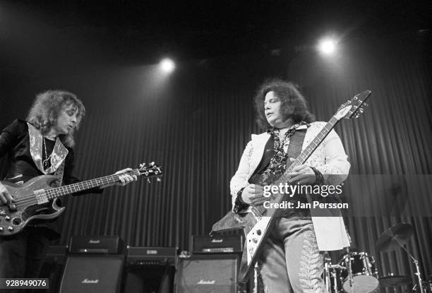 Musicians Jack Bruce and Leslie West of blues rock group West, Bruce and Laing performing in Copenhagen, Denmark, March 1973.