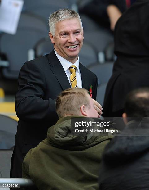 Adam Pearson, Hull City Chairman talks to a supporter during the Barclays Premier League match between Hull City and Stoke City at the KC Stadium on...