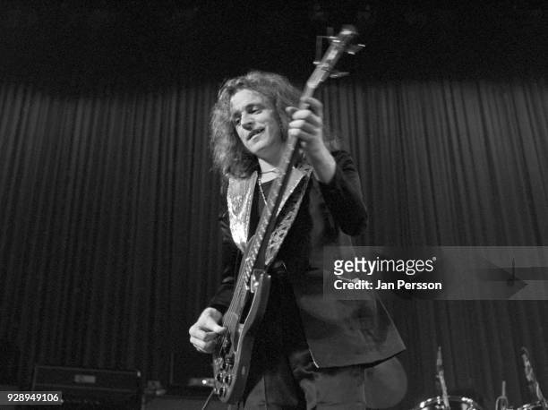 Bassist Jack Bruce of blues rock group West, Bruce and Laing performing in Copenhagen, Denmark, March 1973. He is playing a Gibson EB-0 bass guitar.
