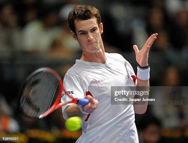 Andy Murray of Great Britain hits a forehand to Mikhail Youzhny of Russia during the final of the ATP 500 World Tour Valencia Open tennis tournament...