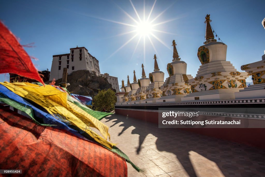 Buddhist white stupa and prayer flag in Thiksey Monastery in Leh , Ladakh, India