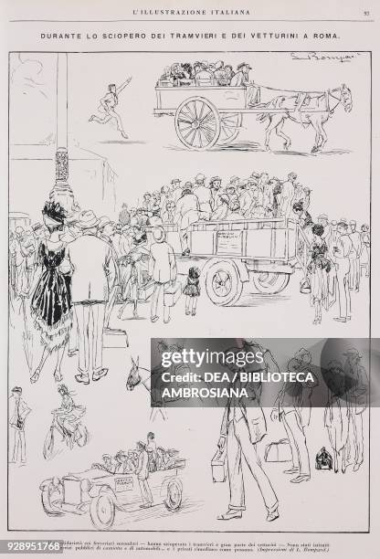 Citizens organizing public services of lorries and cars to overcome the disruption due to the strike of trams and coaches, Rome, Italy, engraving by...