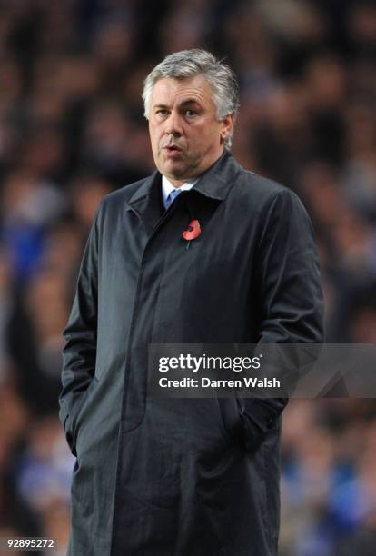 Carlo Ancelotti, Manager of Chelsea looks on during the Barclays Premier League match between Chelsea and Mancester United at Stamford Bridge on...