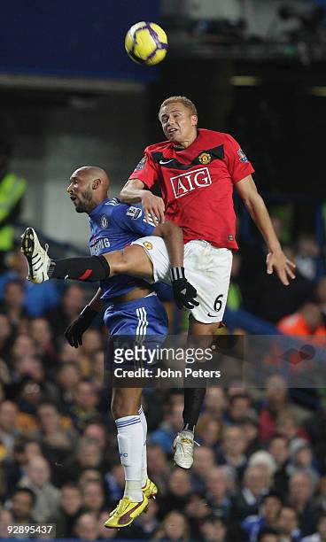 Wes Brown of Manchester United and Nicolas Anelka of Chelsea go up for a high ball during the FA Barclays Premier League match between Chelsea and...