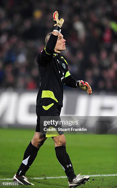 Robert Enke of Hannover 96 waves to fans at the end of the Bundesliga match between Hannover 96 and Hamburger SV at AWD-Arena on November 8, 2009 in...