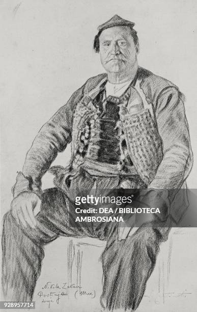 Portrait of the village-headman of Postinje, Croatia, real life drawing by Innocente Cantinotti, from L'Illustrazione Italiana, year XLVI, n 25, June...