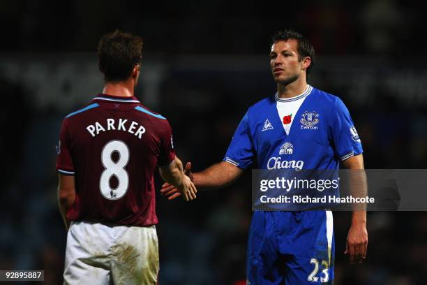 Scott Parker of West Ham and Lucas Neill of Everton shakes hands after the Barclays Premier League match between West Ham United and Everton at Upton...