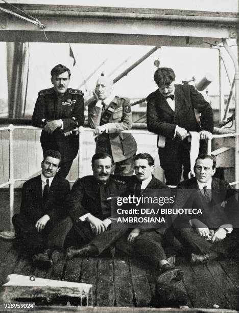 Gabriele D'Annunzio between Commander Luigi Rizzo and Captain Giuseppe Giulietti on the ship Persia, photo by Anselmo, from the magazine...