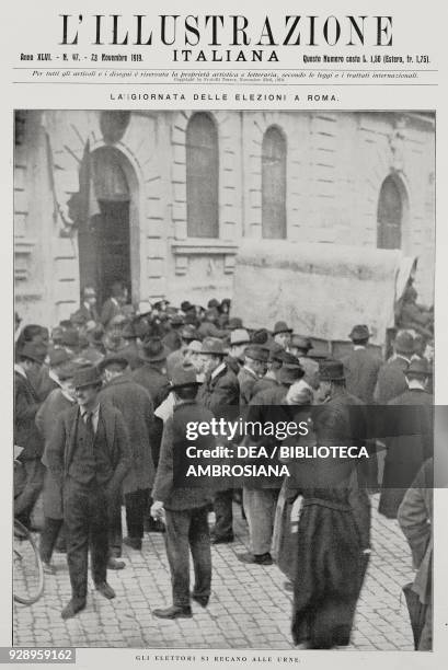 Voters going to the polls in Rome, Italy, from the magazine L'Illustrazione Italiana, year XLVI, no 47, November 23, 1919.