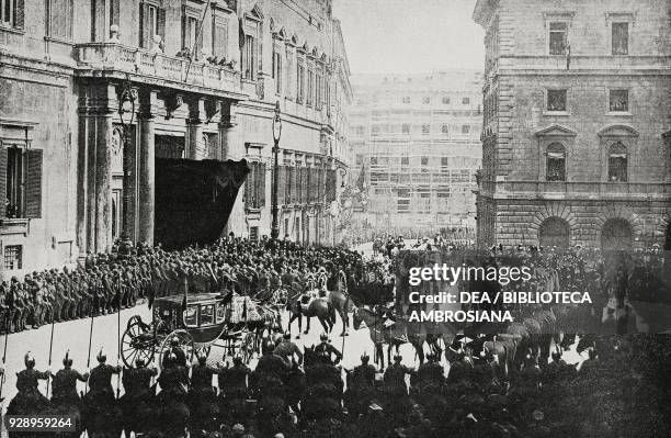 The royal procession arrives in Montecitorio for the opening ceremony of the 25th government, December 1 1919, Rome, Italy, from the magazine...