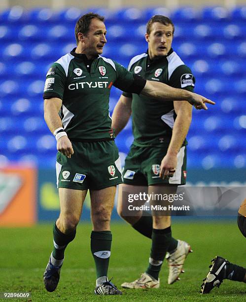 Mike Catt of London Irishmakes a point during the LV= Cup match between London Irish and London Wasps at the Madjeski stadium on November 8, 2009 in...