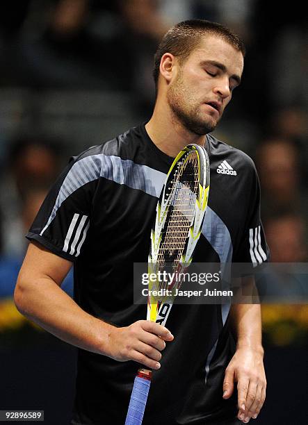 Mikhail Youzhny of Russia reacts during the final of the ATP 500 World Tour Valencia Open tennis tournament against Andy Murray of Great Britain at...