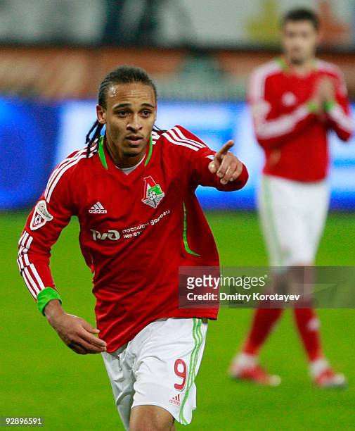 Peter Odemwingie of FC Lokomotiv Moscow reacts during the Russian Football League Championship match between FC Lokomotiv Moscow and FC Amkar Perm at...