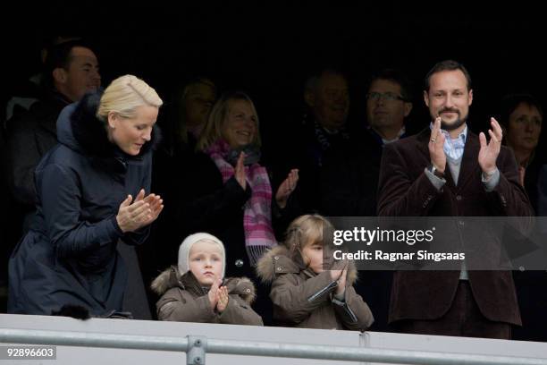 Crown Princess Mette-Marit, Prince Sverre Magnus, Princess Ingrid Alexandra and Crown Prince Haakon Magnus attend the Molde v Aalesund Norwegian...