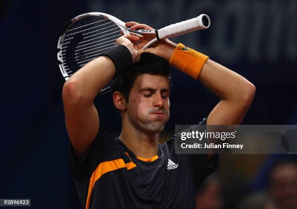 Novak Djokovic of Serbia celebrates at match point after defeating Roger Federer of Switzerland in the final during Day Seven of the Davidoff Swiss...