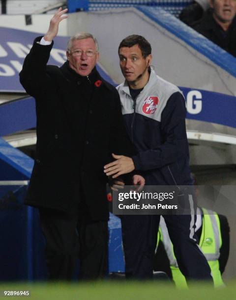 Sir Alex Ferguson of Manchester United complains from the touchline during the FA Barclays Premier League match between Chelsea and Manchester United...