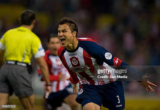 Aaron Galindo of Chivas celebrates scored goal during their match as part of the Closing 2009 Tournament in the Mexican Football League at Jalisco...