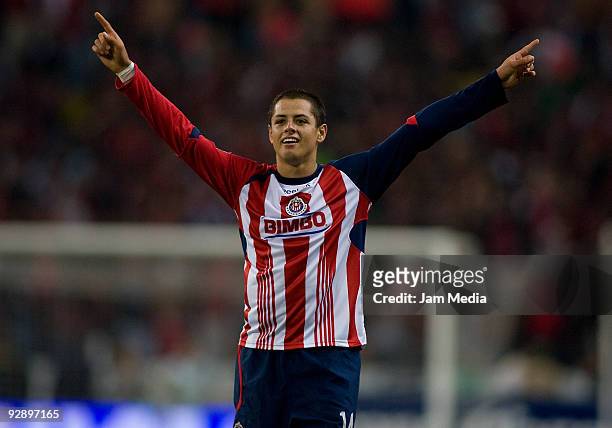 Javier Hernandez of Chivas celebrates scored goal during their match as part of the Closing 2009 Tournament in the Mexican Football League at Jalisco...
