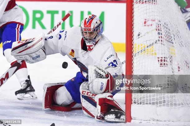 Laval Rocket goalie Zach Fucale makes a save during the Providence Bruins versus the Laval Rocket game on March 07 at Place Bell in Montreal, QC