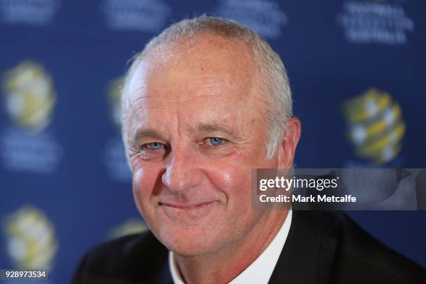 Graham Arnold speaks to the media during a press conference announcing the succession plan for long term appointment of head Socceroos coach, at FFA...