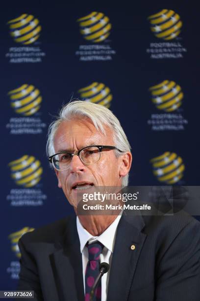 David Gallop speaks to the media during a press conference announcing the succession plan for long term appointment of head Socceroos coach, at FFA...