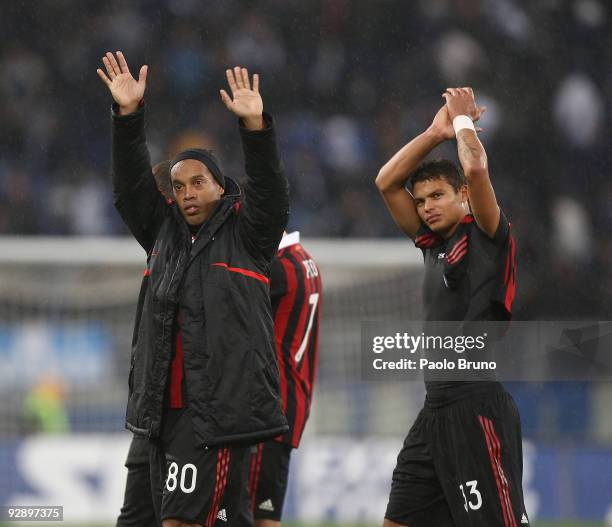 Ronaldinho and Pato of Milan celebrate the victory after the Serie A match between SS Lazio and AC Milan at Stadio Olimpico on November 8, 2009 in...