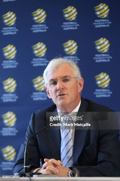 Chairman Steven Lowy speaks to the media during a press conference announcing the succession plan for long term appointment of head Socceroos coach,...