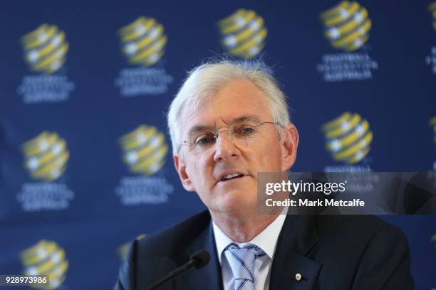 Chairman Steven Lowy speaks to the media during a press conference announcing the succession plan for long term appointment of head Socceroos coach,...