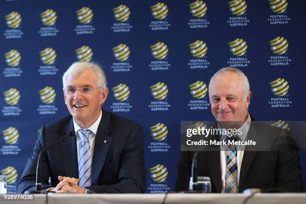 Chairman Steven Lowy speaks to the media during a press conference announcing the succession plan for long term appointment of head Socceroos coach,...