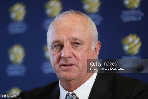 Graham Arnold speaks to the media during a press conference announcing the succession plan for long term appointment of head Socceroos coach, at FFA...