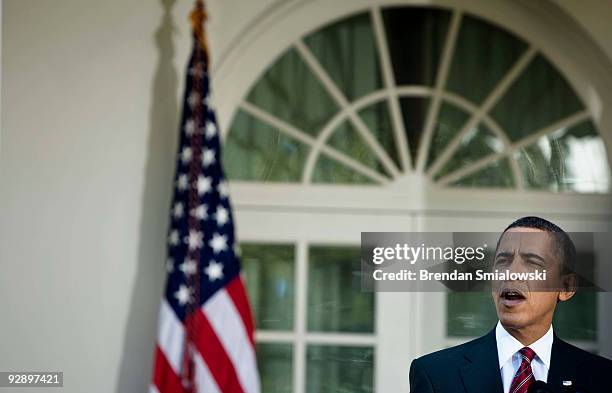 President Barack Obama makes a statement in the Rose Garden of the White House November 8, 2009 in Washington, DC. In addition to commenting on...