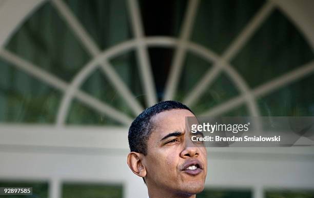 President Barack Obama makes a statement in the Rose Garden of the White House November 8, 2009 in Washington, DC. In addition to commenting on...