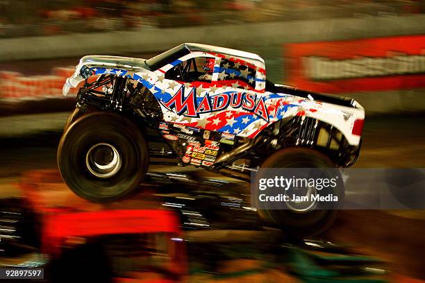 Monster truck Madusa during a freestyle competition of the Monster Jam Exhibition Tour at Autodromo Hermanos Rodriguez on November 7, 2009 in Mexico...